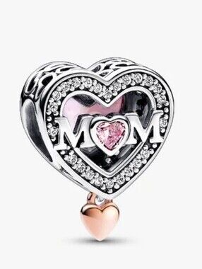 Authentic NEW Pandora Two-tone Openwork Mom & Heart Charm 14KRGP CZ S925ALE